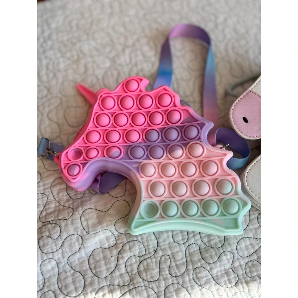 Unicorn Purses Pop It Fidget Crossbody Bag Rainbow Pom Pom‎ White